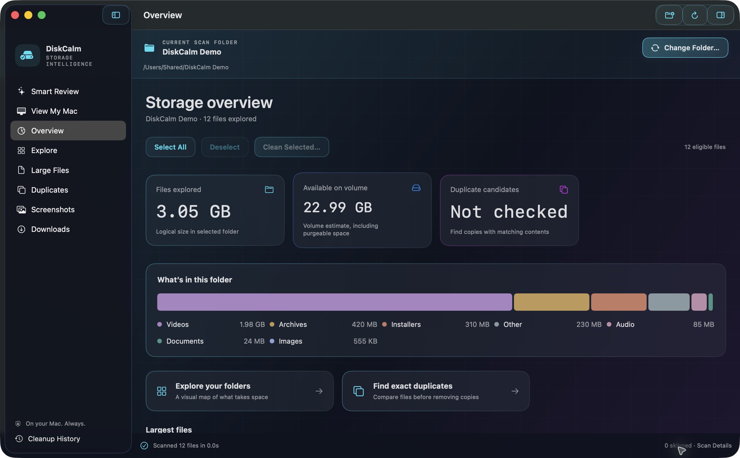 DiskCalm overview showing a storage map, file categories and large files from a demo folder